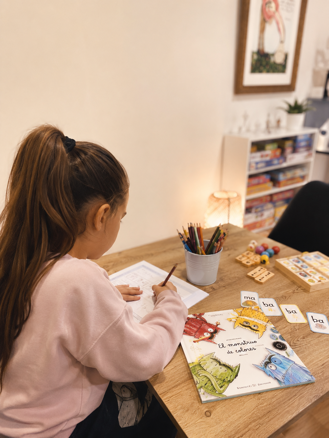 Una niña intenta una tarea dificil